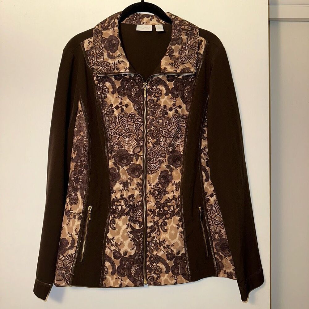 Chicos Zenergy Brown Paisley Panel Floral Zipper Jacket Size 2 (Large) EUC